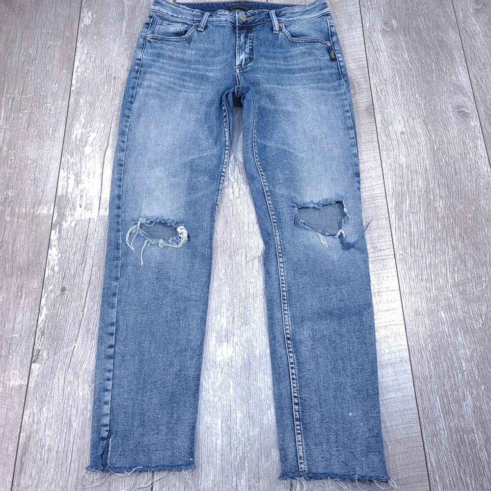 Silver Jeans Avery Slim Women 28x29 Blue Distressed Denim Raw Hem